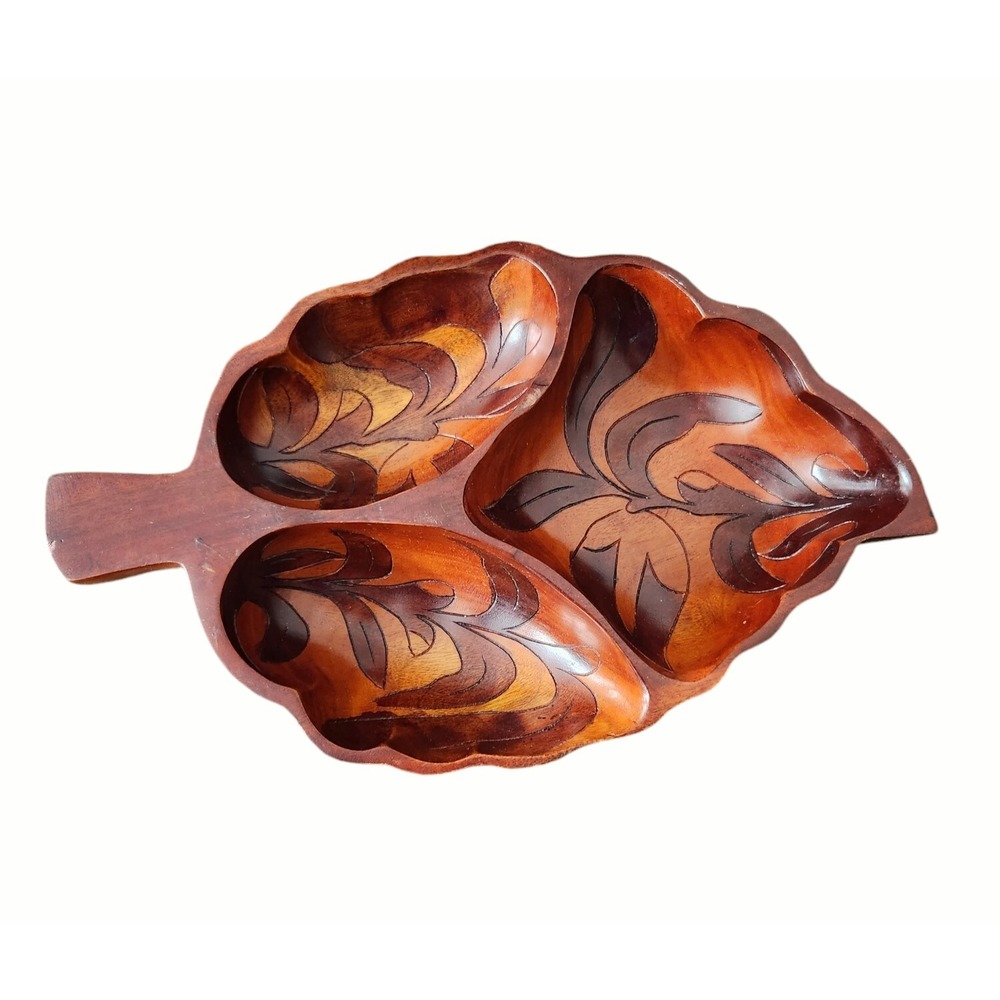 Vintage St. Maarten Hand Carved Wooden Solid Wood Serving Bowl Divided Leaf Tray